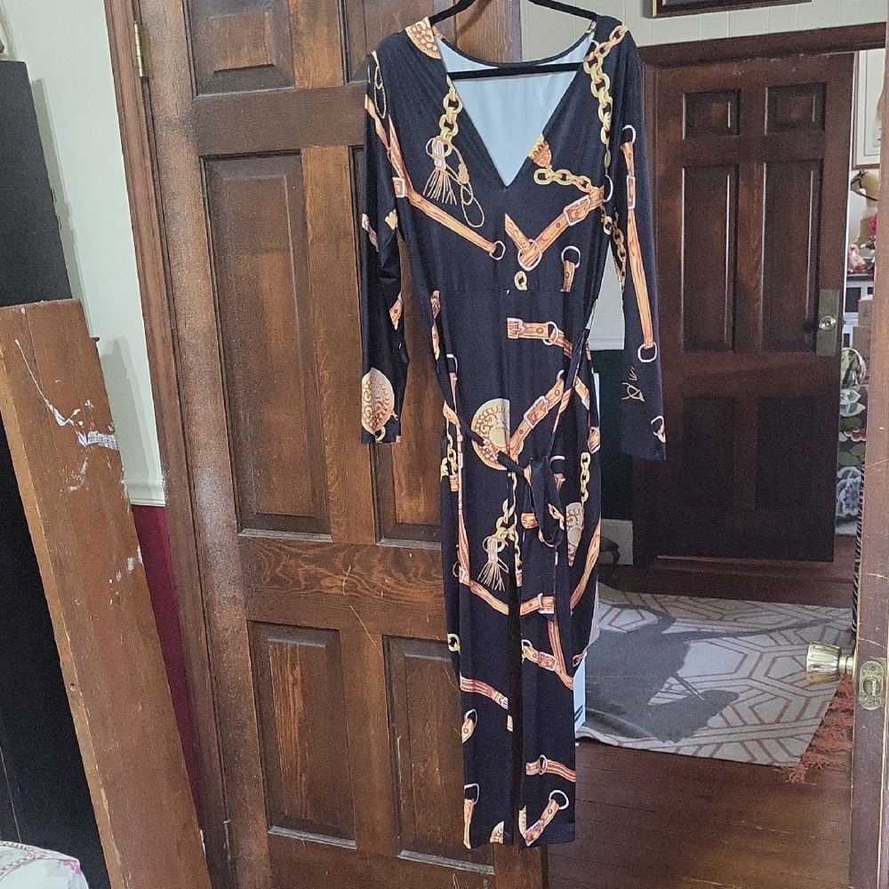 Shein Black and Gold Chain Print Jumpsuit